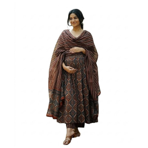 Women Viscose Rayon Anarkali Maternity and Nursing Kurta Set with Dupatta - Brown Floral and Geometric Pattern, 3/4 Sleeves, Comfortable Fit