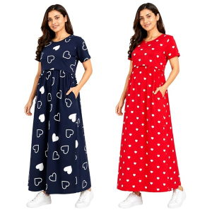 Maternity Feeding Dress Combo Pack of 2 | Zipless Nursing Dress for Women | Soft Cotton Lounge & Outdoor Wear | Pregnancy & Feeding Friendly Maxi Dres