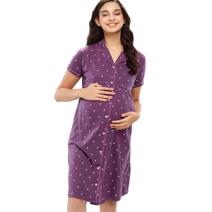 Women's Cotton Night Dress Heart Printed Maternity & Feeding Short Nighty Night Gown Shirt