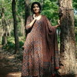 Women Viscose Rayon Anarkali Maternity and Nursing Kurta Set with Dupatta - Brown Floral and Geometric Pattern, 3/4 Sleeves, Comfortable Fit