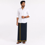 Pure BLACK Cotton Lungi Free Size Thin Gold Boarder Solid Men Dhoti