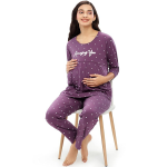 Women's Cotton Heart Printed Maternity & Feeding Night Suit Set Of Top & Pajama Set Nursing Night Dress