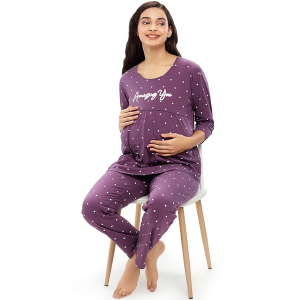 Women's Cotton Heart Printed Maternity & Feeding Night Suit Set Of Top & Pajama Set Nursing Night Dress