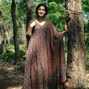 Women Viscose Rayon Anarkali Maternity and Nursing Kurta Set with Dupatta - Brown Floral and Geometric Pattern, 3/4 Sleeves, Comfortable Fit