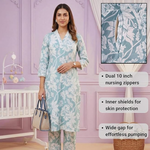 Maternity Dresses for Women Cotton | Floral Kurta Pant Dupatta Set with Nursing Zippers, Side Pocket | Pre & Post Pregnancy