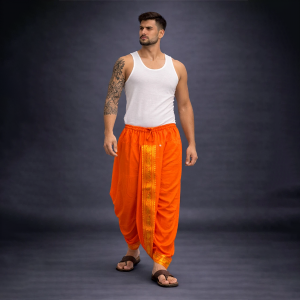 Readymade Dhoti with Wide Golden Zari Border Lungi Ethnic Wear Self Design Men Dhoti