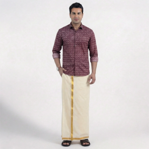 Cotton Premium Quality Welcro Pocket ReadymadePocket Jari Cotton Cream Solid Men Dhoti