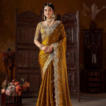 Women's Silk Saree with Embroidered Blouse Piece, Traditional Parte Wear with Gold Border and Hand Work Lace Embellished, Solid/Plain, Applique, Woven